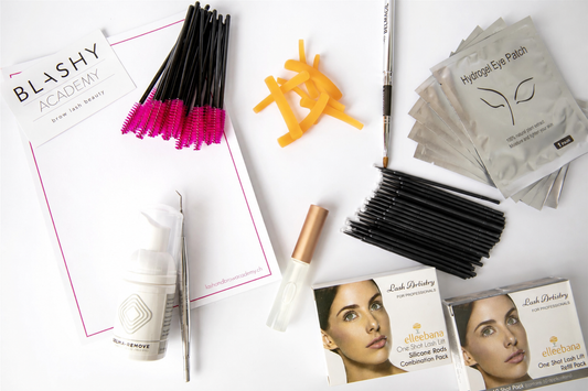Flaches Auflegen von Blashy C Microbrush, 100 St. - Regular mit Wimpern- und Augenbrauenzubehör, Patches, Lotion auf eine weiße Fläche. Blashy Shop