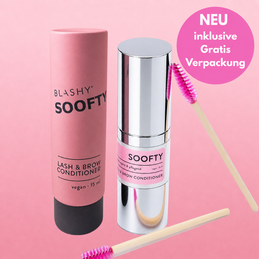 Soofty Lash & Brow Conditioner BLASHY Der Conditioner schliesst die Haarstruktur und sorgt somit für einen längeren Lifting Effekt nach dem Lash- & Brow Lifting. Ebenso bewirkt er eine längere Haltbarkeit der Farbe. 
Die wertvollen Öle und Wirkstoffe stärken und versorgen das Haar mit rückfettenden Substanzen, Vitaminen und Mineralstoffen für geschmeidige, kraftvolle Wimpern und gepflegte Augenbrauen.