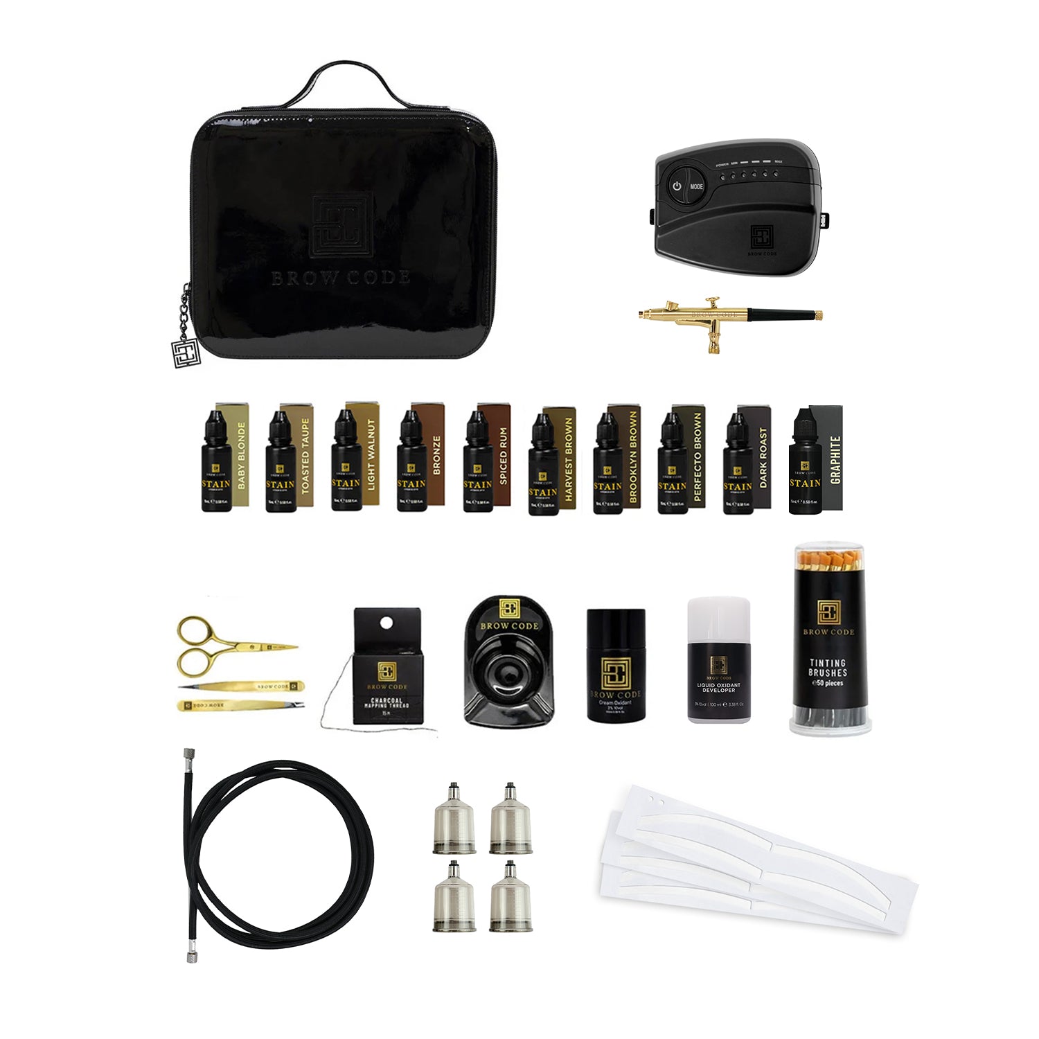 Das Brow Code STARTER KIT Airbrush enthält 10 Hybridfarben, eine Airbrush-Maschine und Zubehör auf einem weißen Hintergrund. Blashy Shop