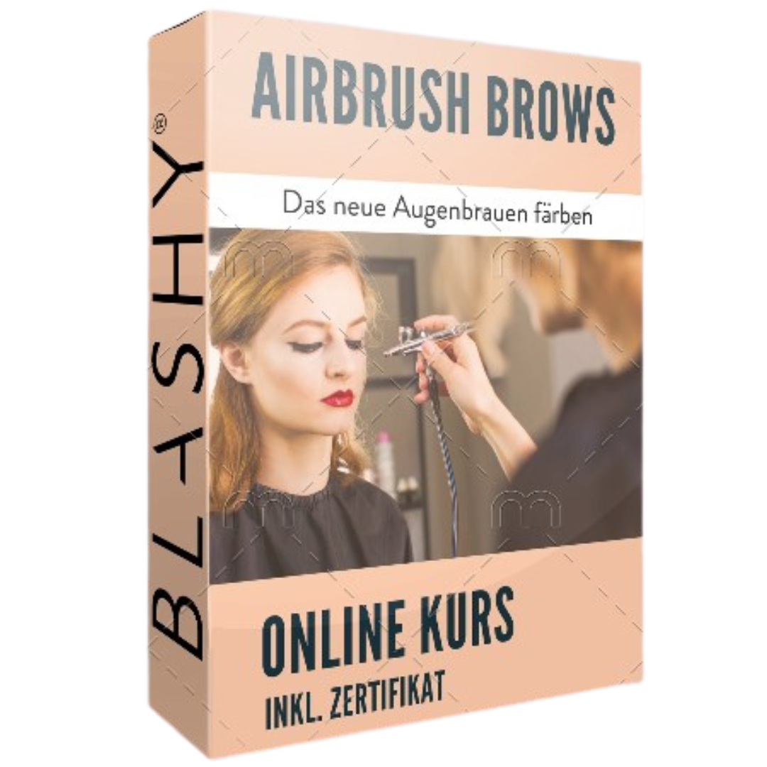 Eine Schachtel für das Airbrush Brows Starter Kit & Online Kurs COMBO PACK von blashyshop.com, auf der die Augenbrauen einer Frau geairbrushed sind. Blashy Shop