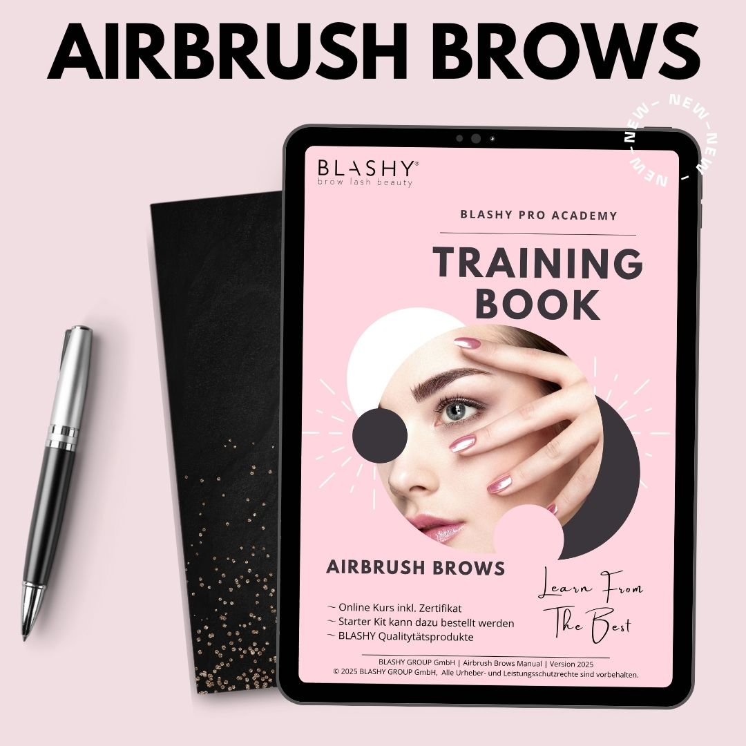 Das Tablet zeigt das E-Book Trainingshandbuch - Airbrush Brows zum DOWNLOAD von Lash&Brow Academy Online an. Blashy Shop