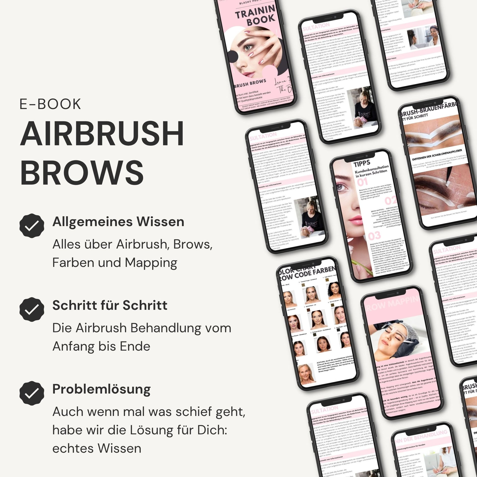 Mehrere Smartphones zeigen das Lash&Brow Academy Online Airbrush Brows Trainingshandbuch E-Book (Deutsch) für Brow Artists. Blashy Shop