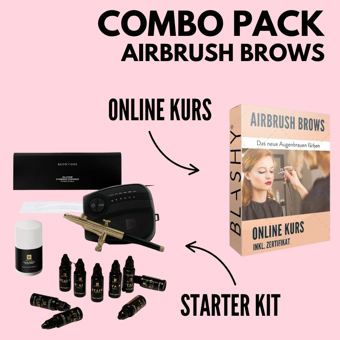 Blashyshop.com Airbrush Brows Starter Kit & Online Kurs COMBO PACK auf einem rosa Hintergrund. Blashy Shop