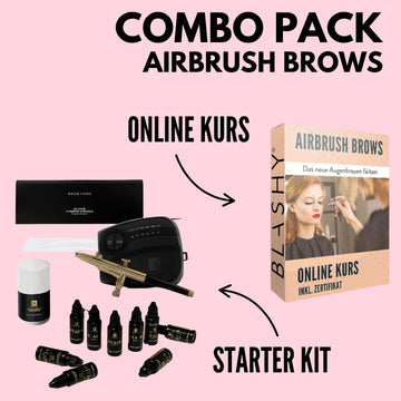 Blashyshop.com Airbrush Brows Starter Kit & Online Kurs COMBO PACK auf einem rosa Hintergrund. Blashy Shop