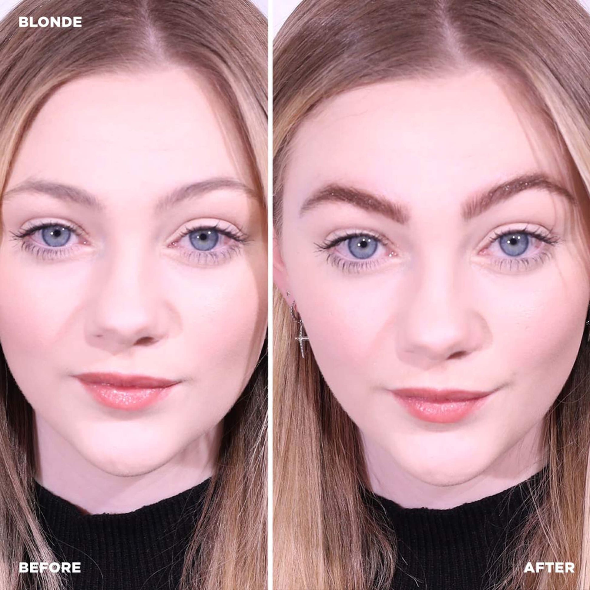 Sehen Sie den Unterschied: blonde vs. vollere, dunklere Brauen nach der Anwendung des AT HOME KIT Brow Henna von Brow Code (4 Farbtöne). Blashy Shop