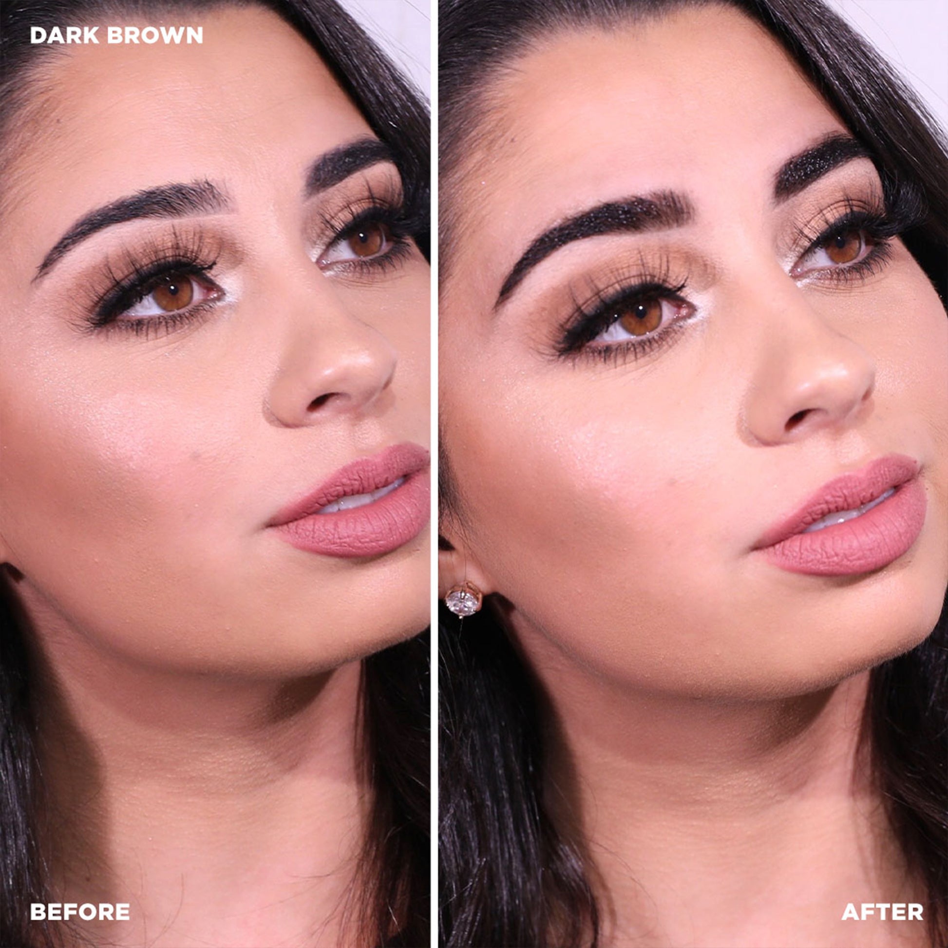 Nahaufnahme der Brauen vor und nach der Anwendung des Brow Code AT HOME KIT Brow Henna, erhältlich in 4 Farbtönen. Blashy Shop