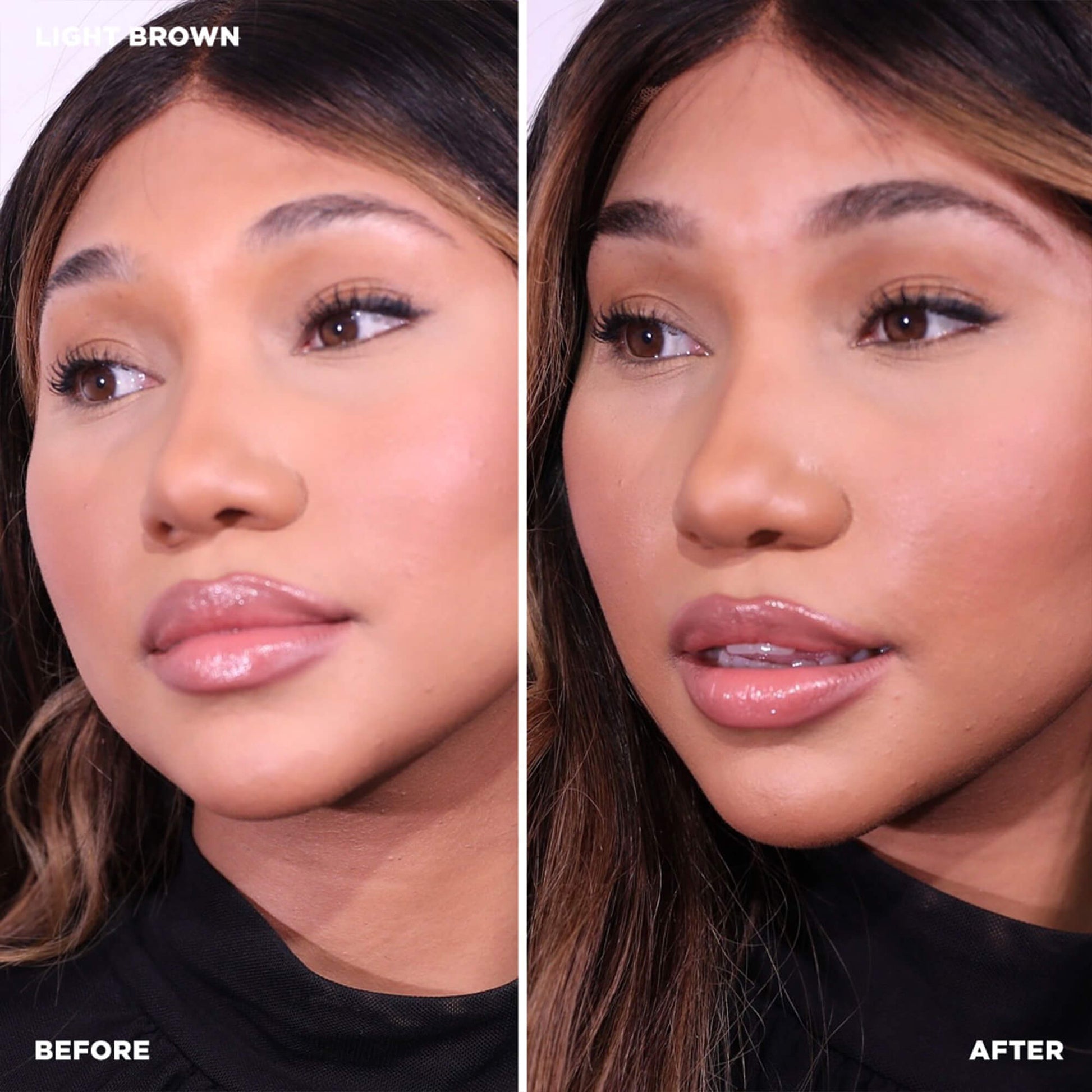 Nebeneinander liegende Nahaufnahmen zeigen das Gesicht einer Frau vor und nach der Anwendung von Brow Code AT HOME KIT Brow Henna in 4 Farben. Blashy Shop