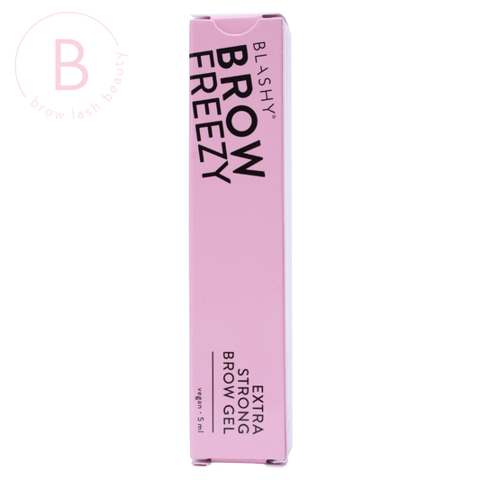 Eine rosafarbene Dose Blashy Brow Freezy Extra Strong Brow Gel, vegan, 5ml, für ein makelloses Augenbrauen-Styling; Logo links. Blashy Shop