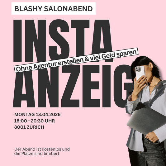 Eine Frau, die ein Telefon hält, steht bei Blashy Salonabend 13.04.26 - Gratis Instagram Ads & Chat GPT Workshop Veranstaltungsdetails. Blashy Shop