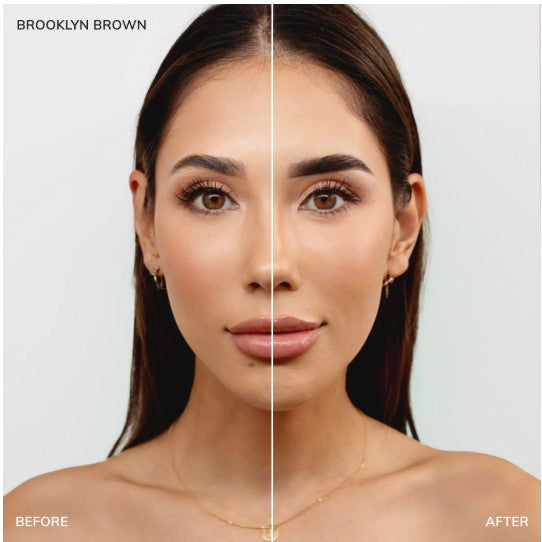 Gesplittetes Bild eines Frauengesichts, beschriftet mit vorher und nachher, mit AIRBRUSH BROWS Intensiv Praxiskurs von Lash & Brow Academy. Blashy Shop