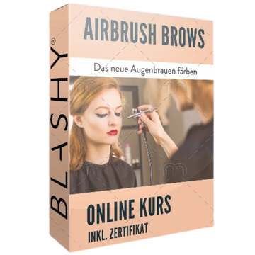 Box für den Brow Code AIRBRUSH BROWS Online Kurs inkl. Zertifikat der Lash & Brow Academy. Zertifikat mit den Airbrush-Brauen einer Frau. Blashy Shop