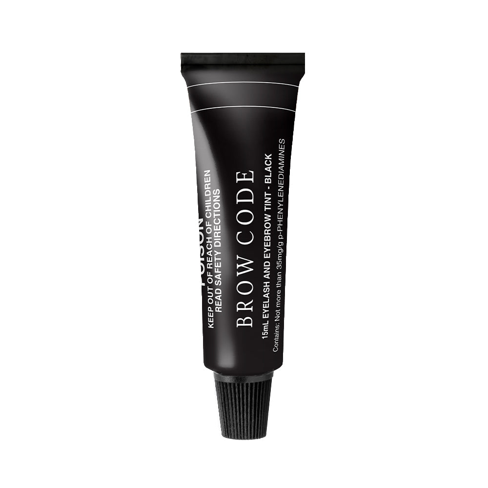 Schwarze Tube mit der Aufschrift Brow Code Augenbrauenfarbe, 15ml, mit schwarzem Schraubverschluss, vegane Augenbrauenfarbe. Blashy Shop