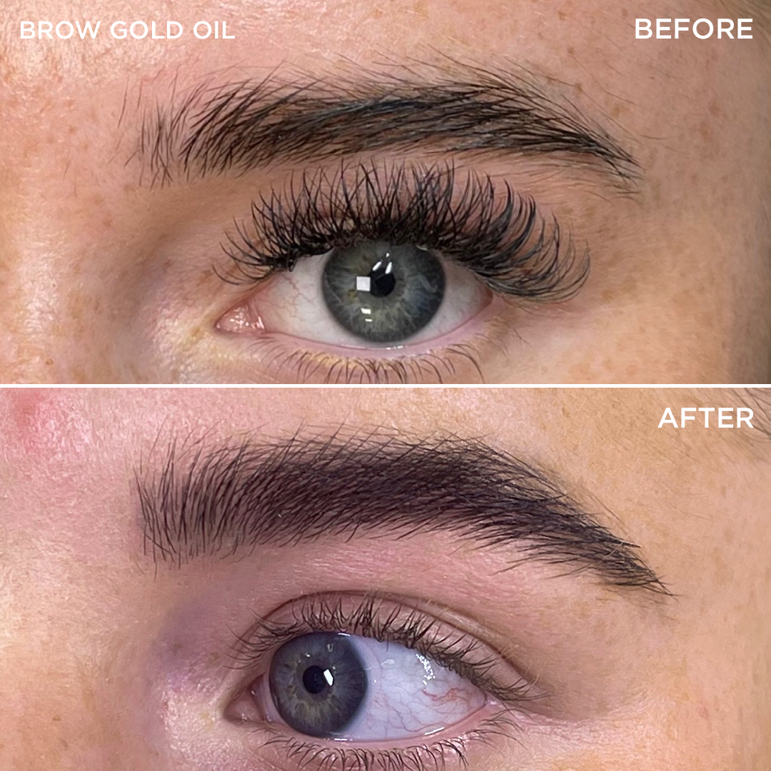 Nahaufnahme der Augenbrauen vor und nach der Anwendung von Brow Code Brow Gold Oil; die Augenbrauen wirken nach der Anwendung voller und dunkler. Blashy Shop
