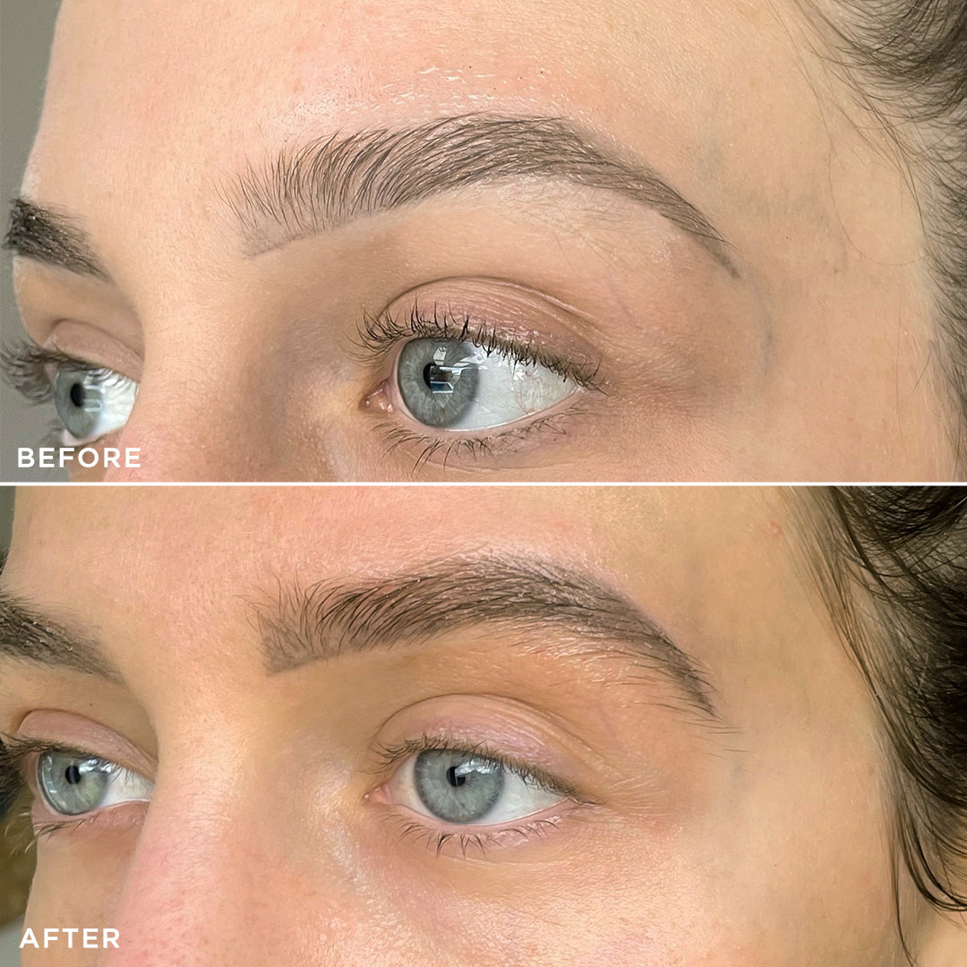 Vorher: natürliche Brauen; nachher: vollere Brauen mit Brow Code Brow Gold Oil pflegendes Wachstumsöl, 30ml. Blashy Shop