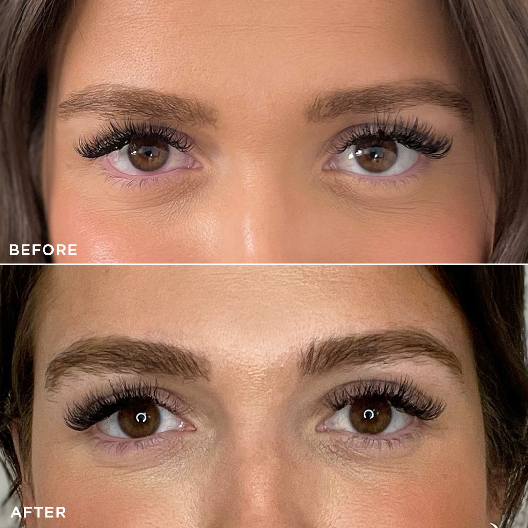 Nahaufnahme der Augen einer Frau, die vollere Augenbrauen vor und nach der Anwendung von Brow Code Brow Gold Oil pflegendes Wachstumsöl zeigt. Blashy Shop