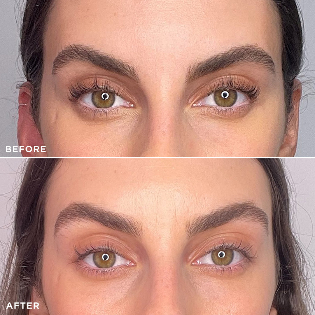 Nahaufnahme der Augenbrauen vor und nach der Anwendung von Brow Code Brow Gold Oil pflegendes Wachstumsöl, 30ml, beschriftet mit vorher und nachher. Blashy Shop