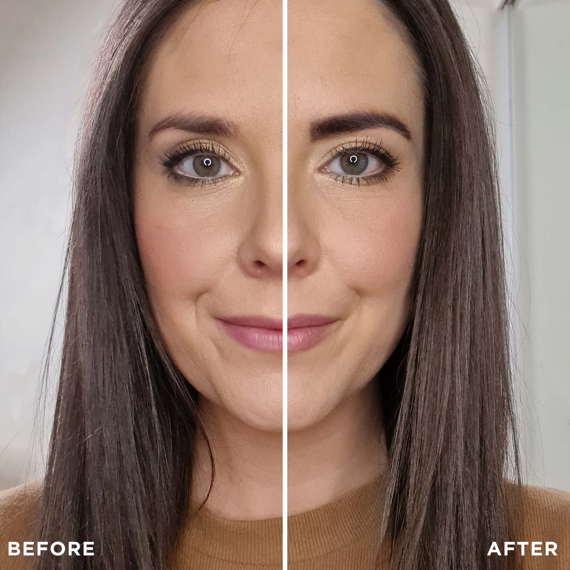 Gesplittetes Bild des Gesichts einer Frau, die Brow Code Brow Henna Pulverkapsel - Refill oder Tester verwendet, beschriftet mit Vorher und Nachher. Blashy Shop