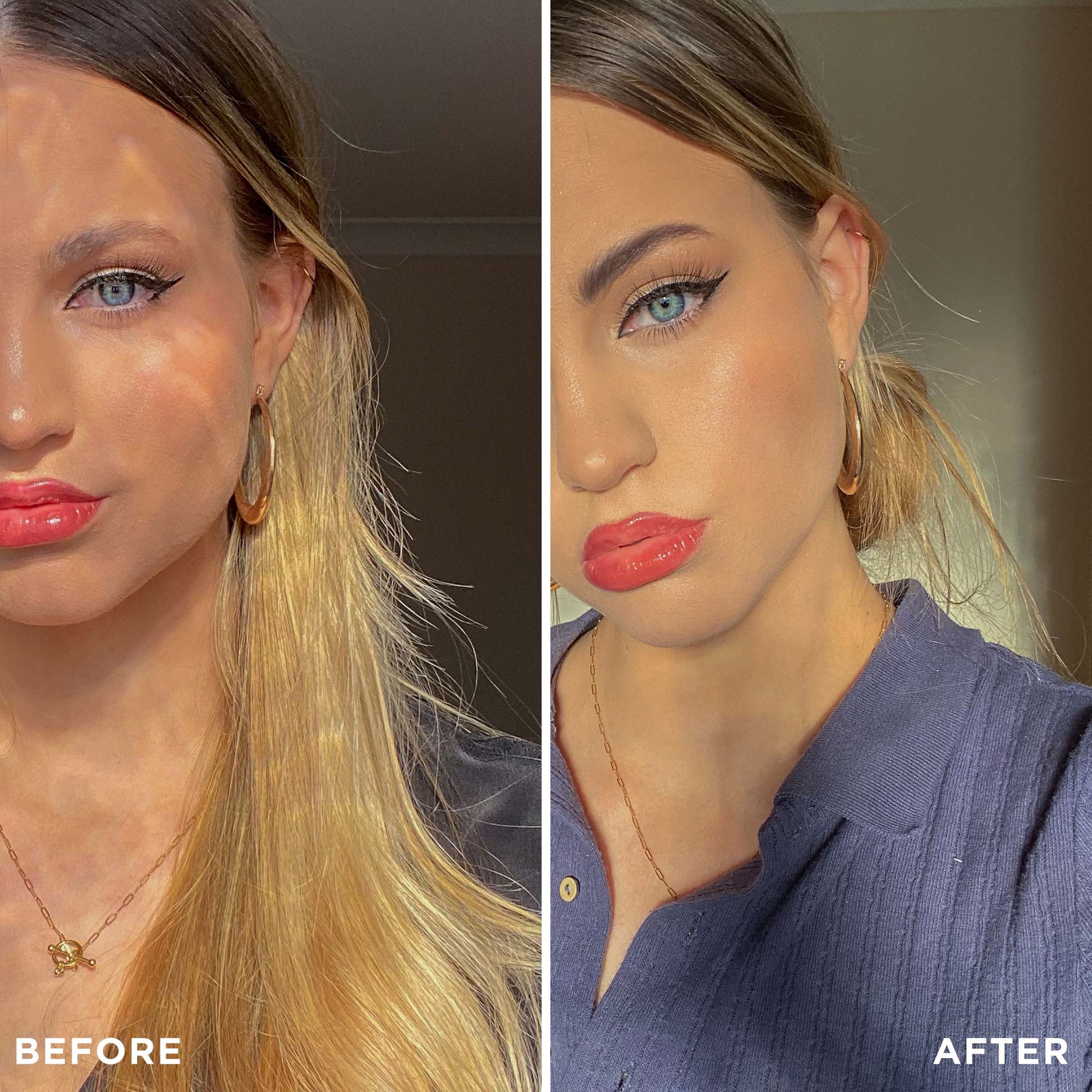Die Fotos zeigen, wie sich das Haar einer Frau nach der Anwendung der Brow Code Brow Henna Pulverkapsel von blond zu hellbraun verändert. Blashy Shop