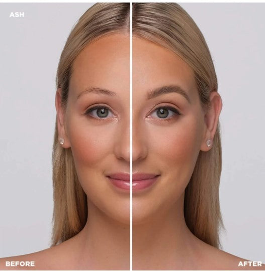 Teilbild des Gesichts einer Frau vor und nach der Anwendung von Brow Code Creamade Augenbrauen-Pomade in 6 Farben. Blashy Shop
