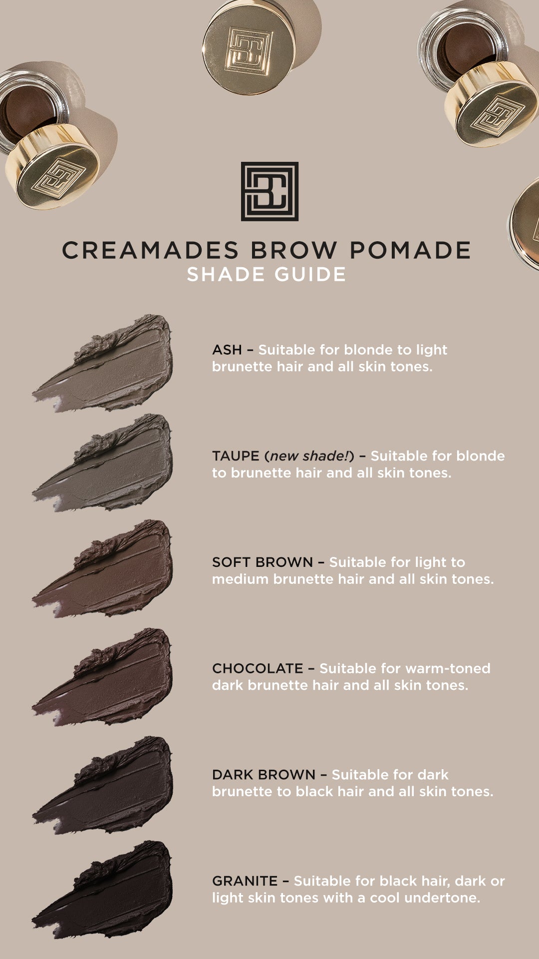 Brow Code Creamade Augenbrauen-Pomade in 6 Farben: Swatch Guide für langanhaltende Brauen auf allen Hauttönen. Blashy Shop