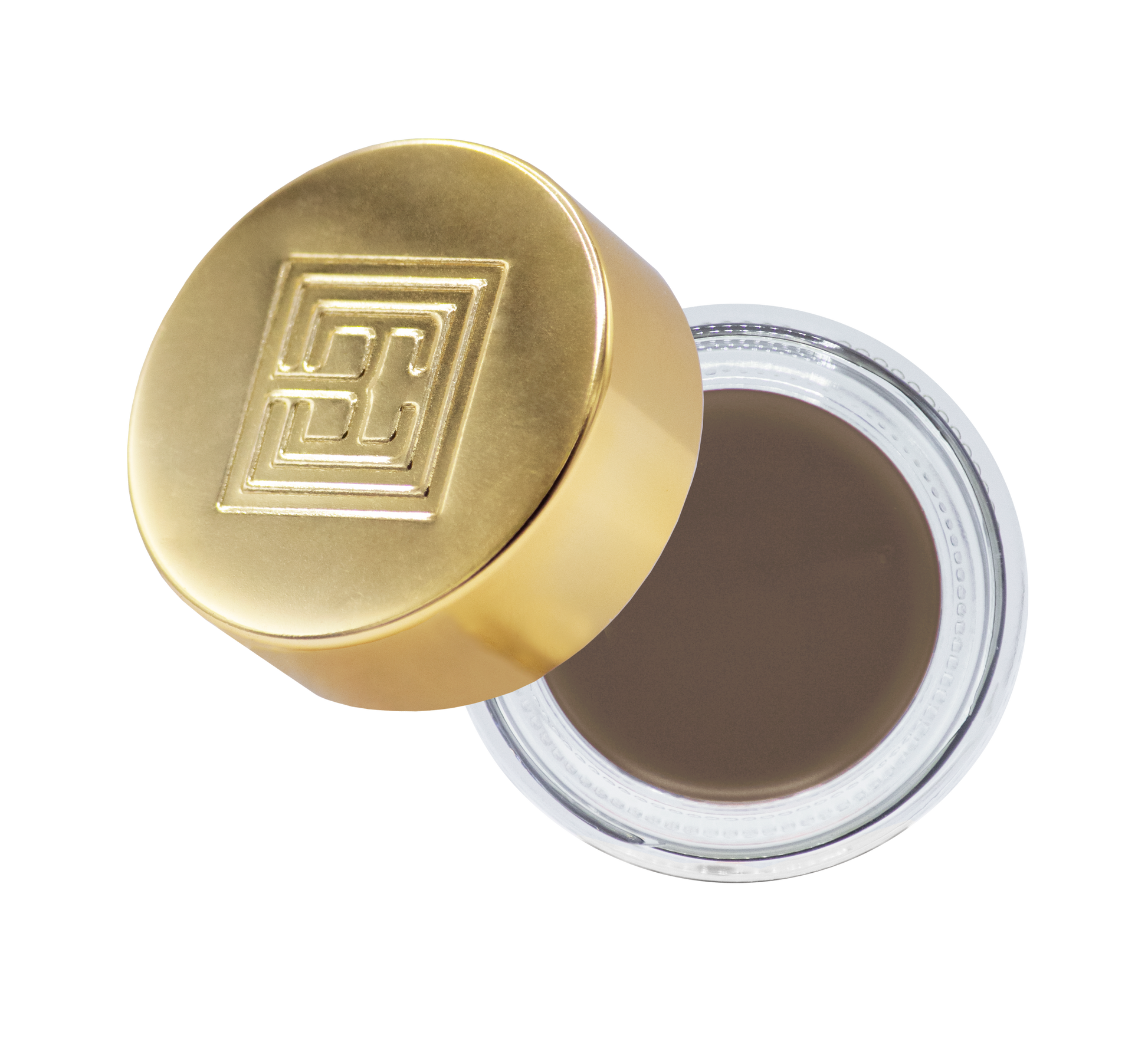 Ein kleines durchsichtiges Glas mit goldenem Deckel, das Brow Code Creamade Augenbrauen-Pomade in 6 Farben enthält. Blashy Shop