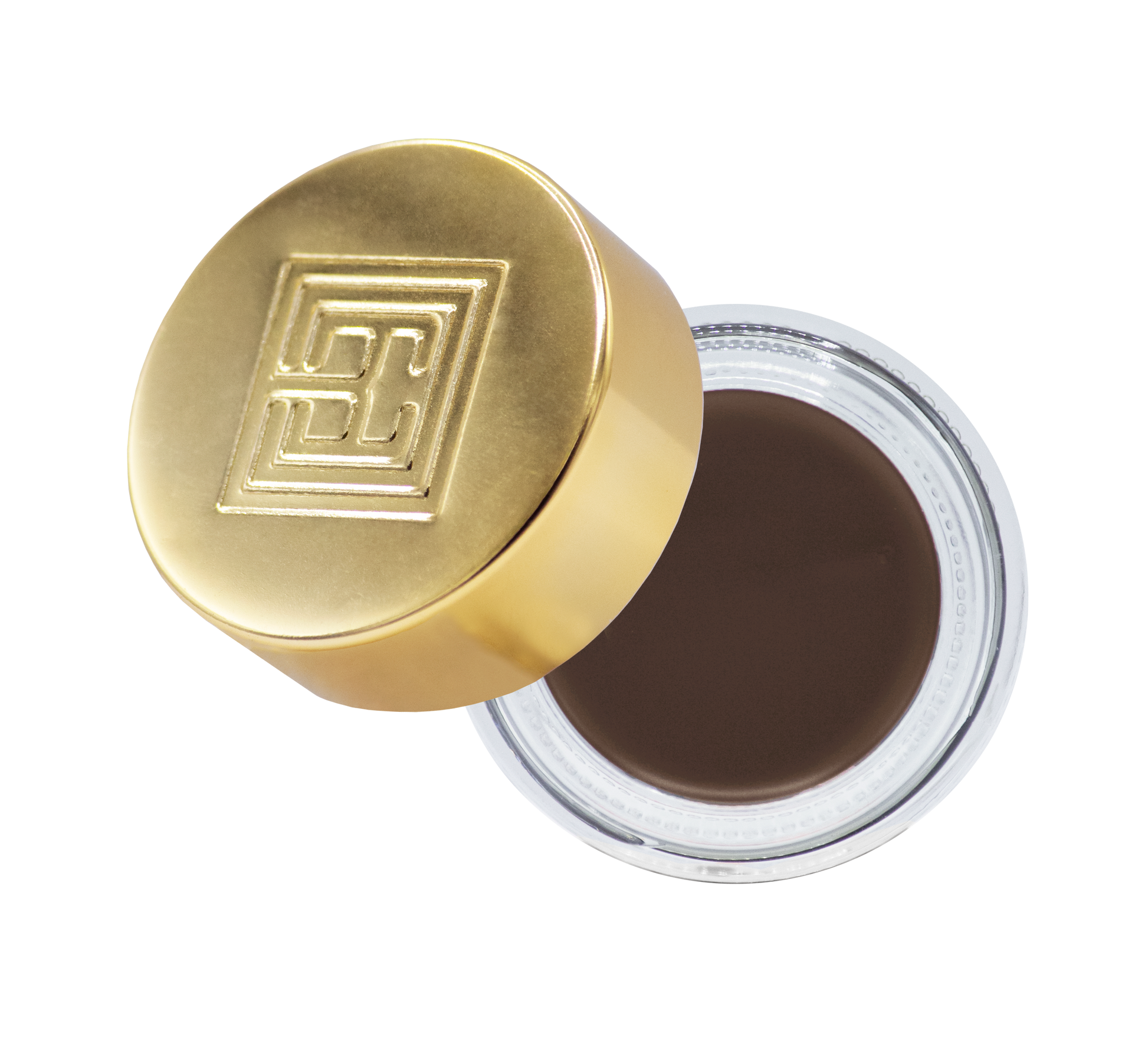 Ein kleines durchsichtiges Glas mit einem goldenen Deckel von Brow Code Creamade Augenbrauen-Pomade in 6 Farben auf einem weißen Hintergrund. Blashy Shop