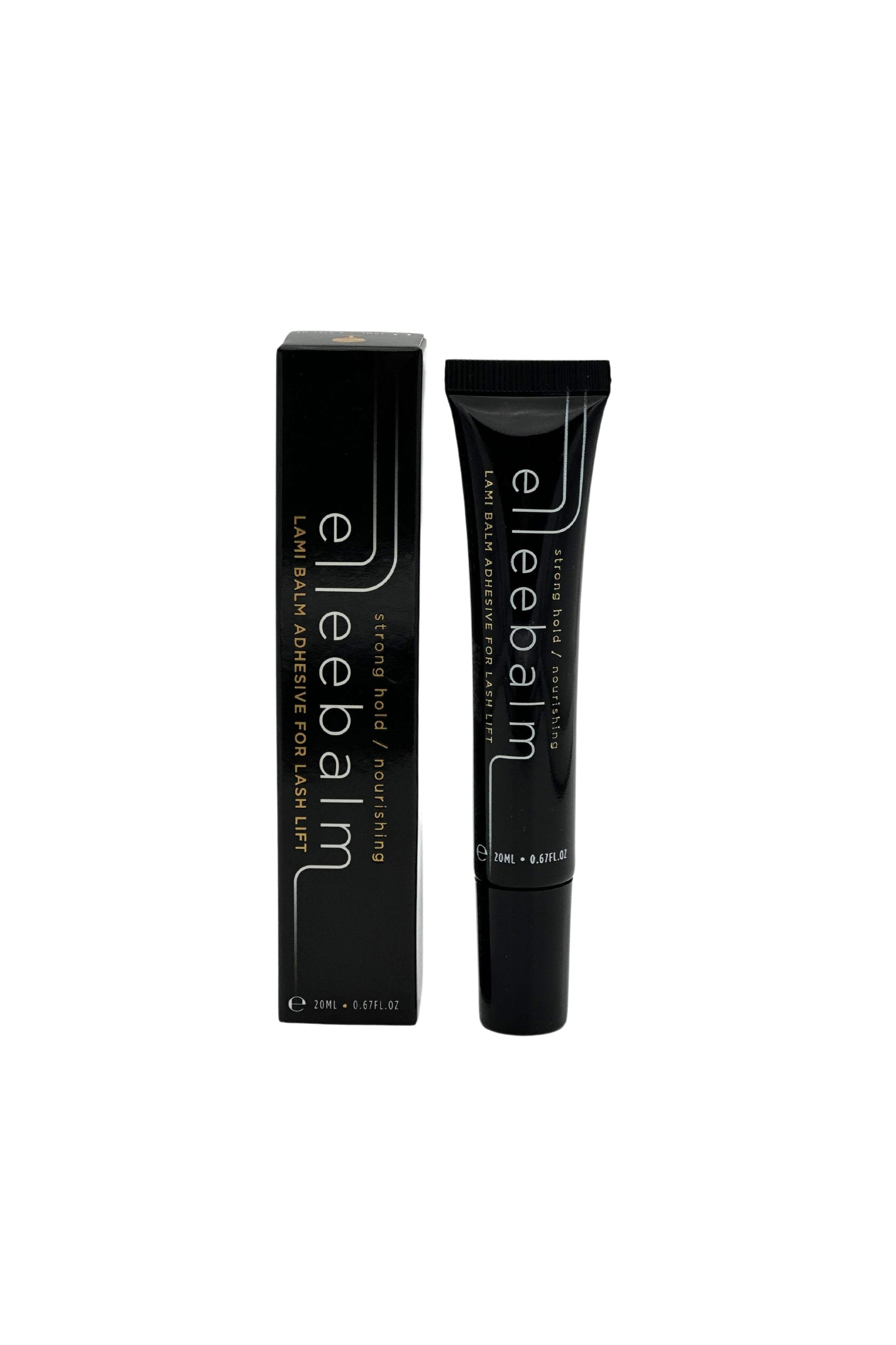 Eine schwarze Tube Elleebana Elleebalm Lami Balm Glue 20ml, vegan, ist neben der Verpackung auf weißem Hintergrund abgebildet. Blashy Shop