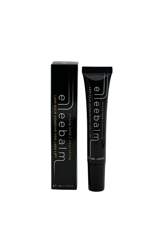Eine schwarze Tube Elleebana Elleebalm Lami Balm Glue 20ml, vegan, ist neben der Verpackung auf weißem Hintergrund abgebildet. Blashy Shop