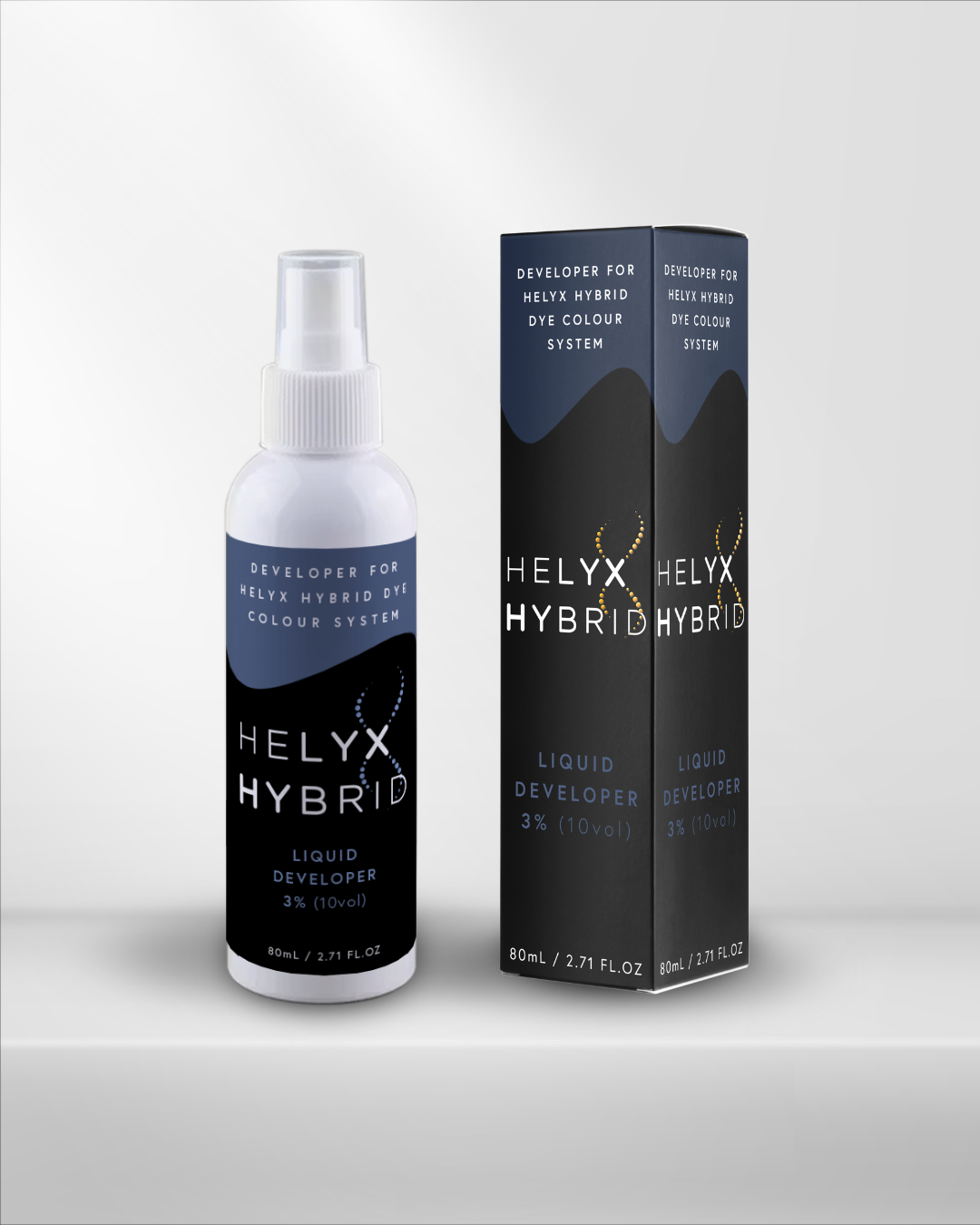 Eine Flasche und eine Schachtel Elleebana Helyx Flüssig-Entwickler, 80ml, auf einer weißen Oberfläche mit grauem Hintergrund. Blashy Shop