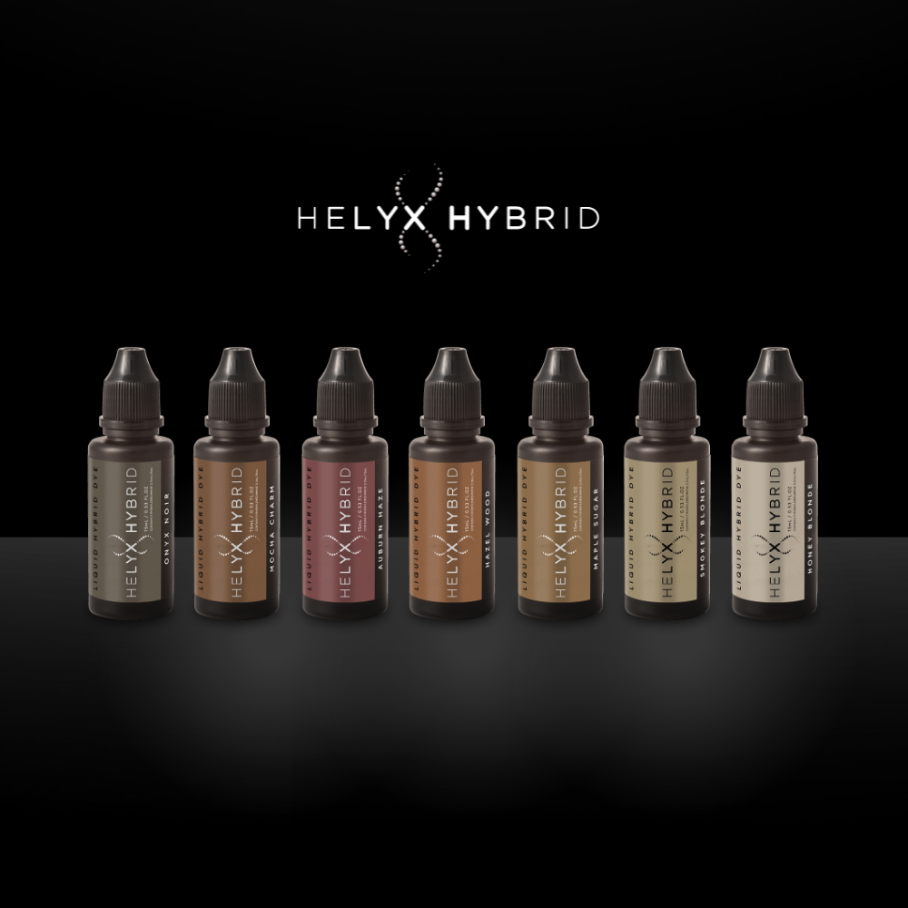 Sechs Elleebana Helyx Hybrid Farben, 15ml Flaschen sind in einer Reihe unter dem Elleebana Logo angeordnet. Blashy Shop