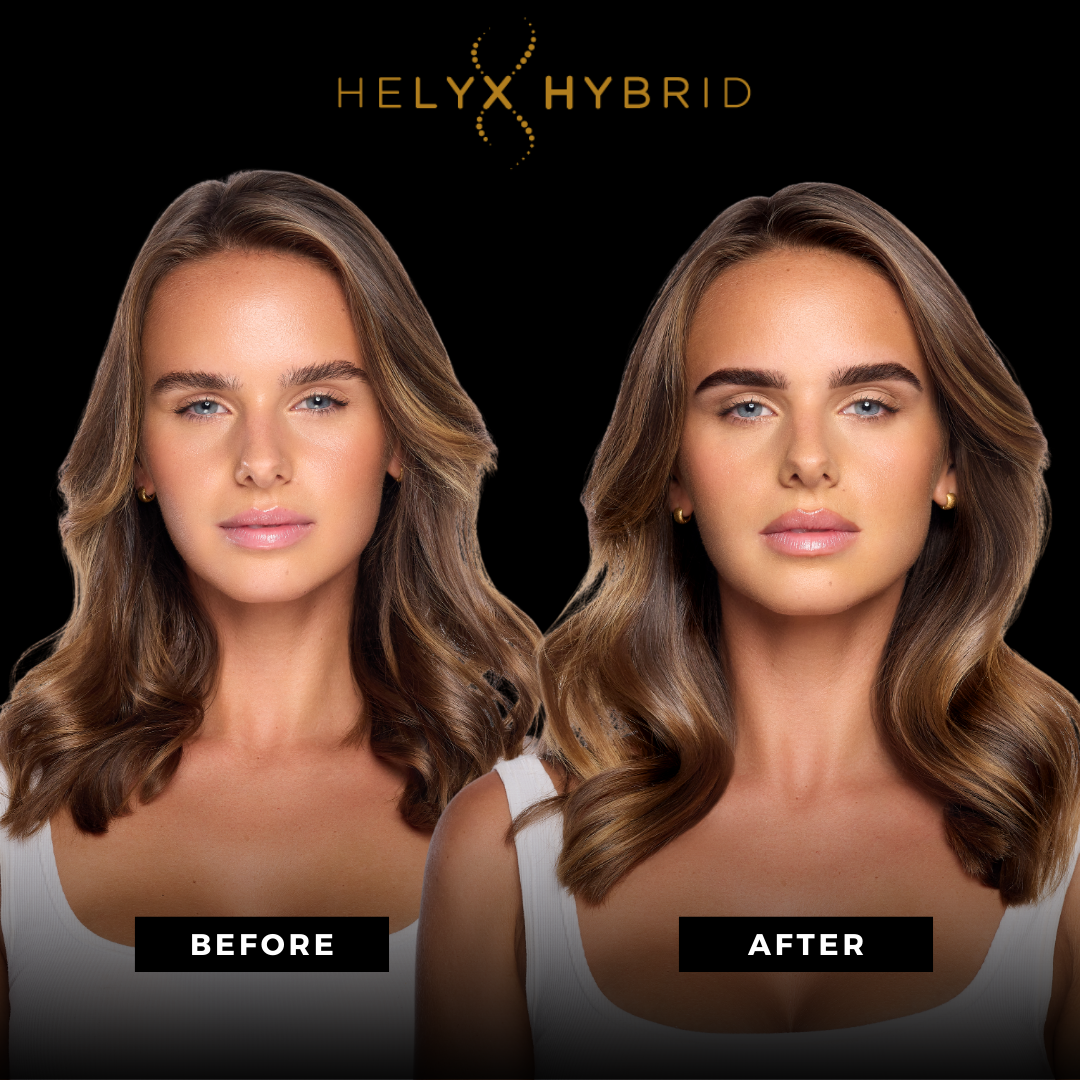 Die Fotos zeigen das Haar einer Frau vor und nach der Anwendung von Elleebana Helyx Hybrid Farben, 15ml, nebeneinander. Blashy Shop