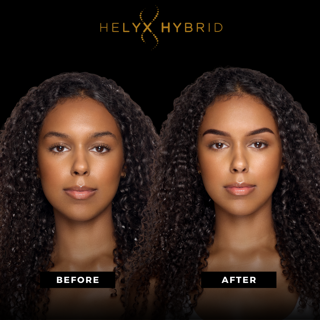 Vorher- und Nachher-Porträts zeigen die Veränderung der Augenbrauen durch die Anwendung von Elleebana Helyx Hybrid Farben, 15 ml. Blashy Shop