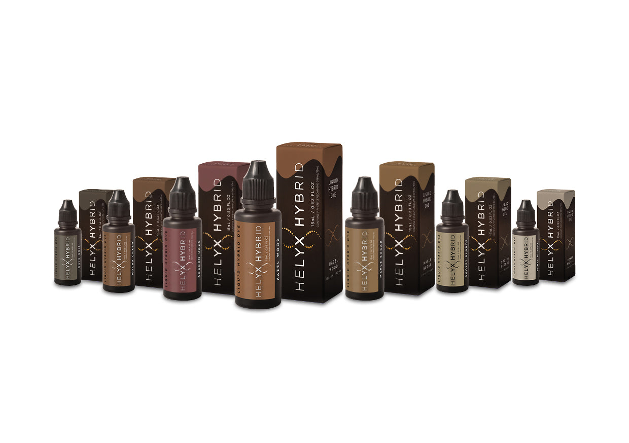 Eine Reihe von Elleebana Helyx Hybrid Farben 15ml Flaschen und Schachteln auf einem weißen Hintergrund. Blashy Shop