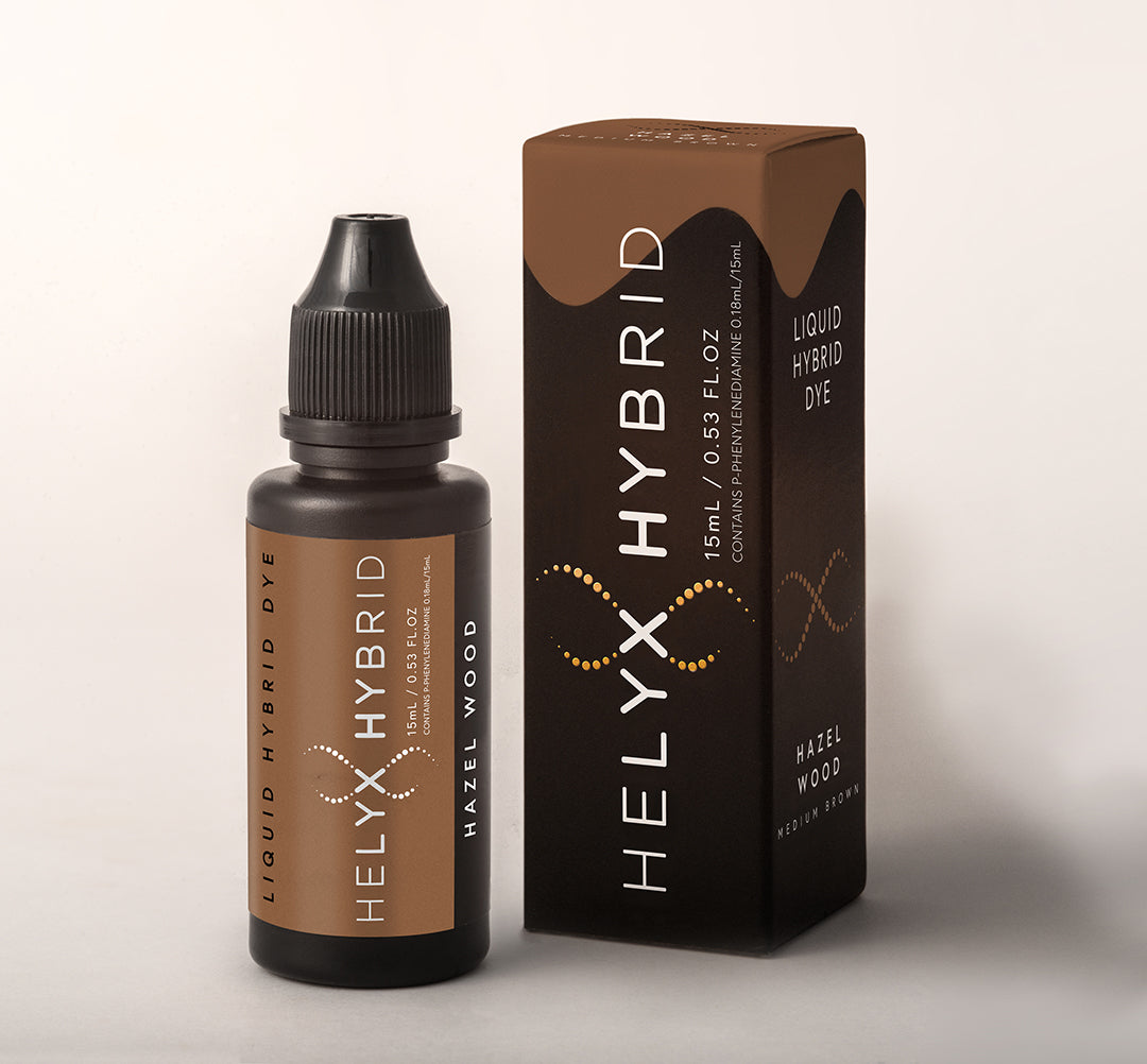 Ein 15ml-Fläschchen von Elleebana Helyx Hybrid Farben mit passender brauner Verpackungsschachtel im Farbton Hazel Wood. Blashy Shop