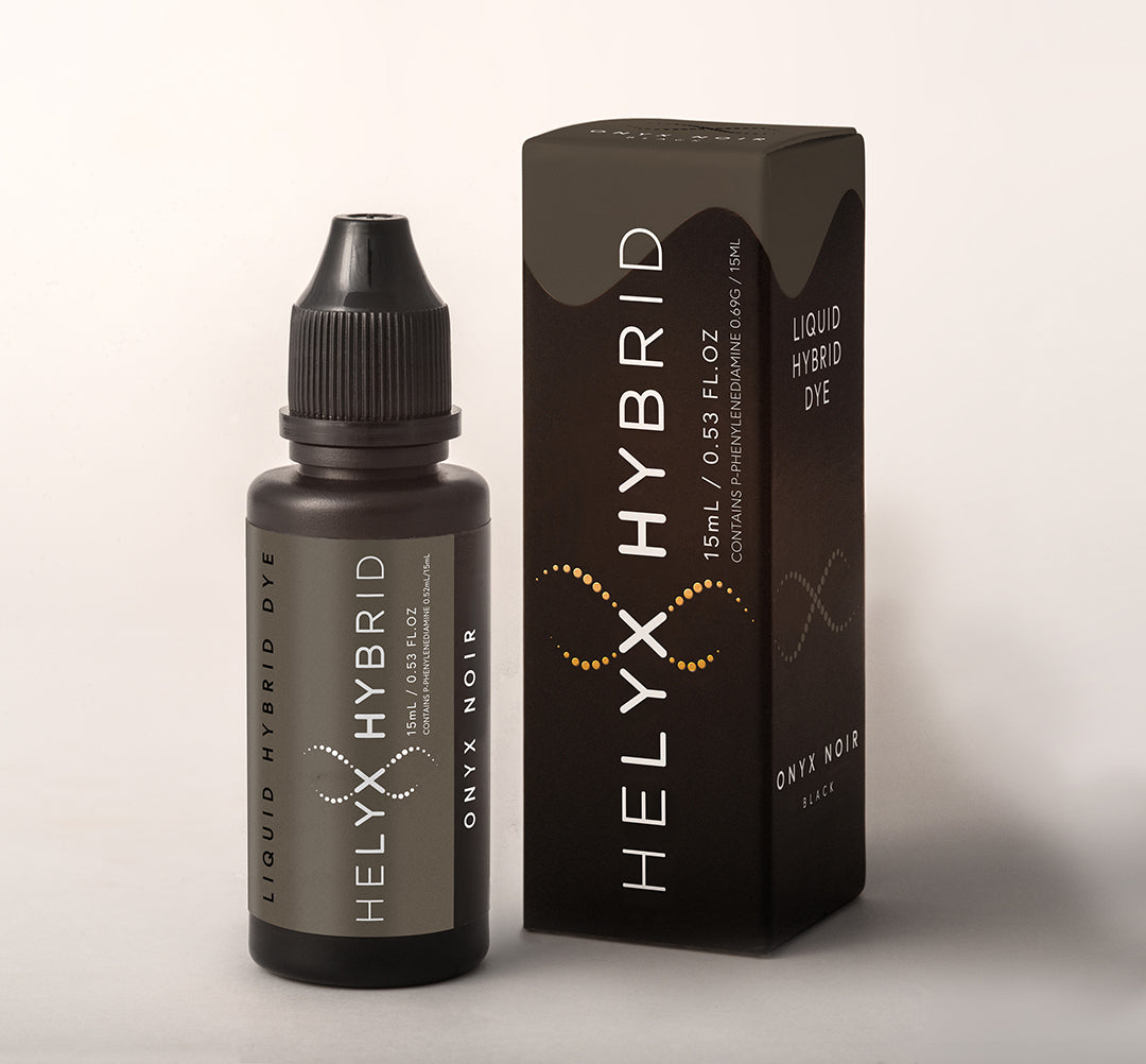 Eine Flasche und eine Schachtel Elleebana Helyx Hybrid Farben, 15 ml, vor einem hellen Hintergrund. Blashy Shop