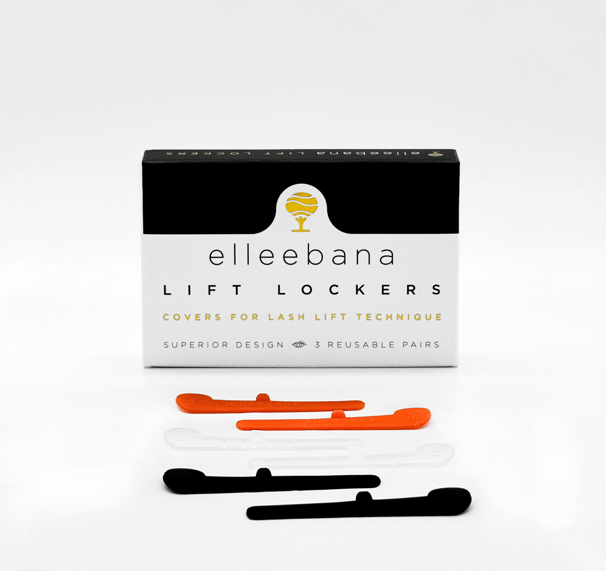 Elleebana Lash Lift Locker Silikonpads in 3 Farben (schwarz, weiß, orange) - Packung mit 6 Pads vorne abgebildet. Blashy Shop
