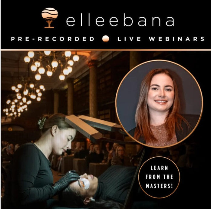 Ein Schönheitsprofi verwendet die Methode der kleberlosen Wimpern. Inset: lächelnde Frau. Text: Lash & Brow Academy Elleebana Online-Webinar. Blashy Shop