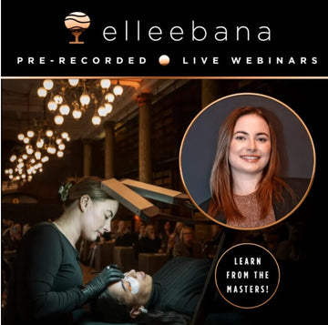 Ein Schönheitsprofi verwendet die Methode der kleberlosen Wimpern. Inset: lächelnde Frau. Text: Lash & Brow Academy Elleebana Online-Webinar. Blashy Shop