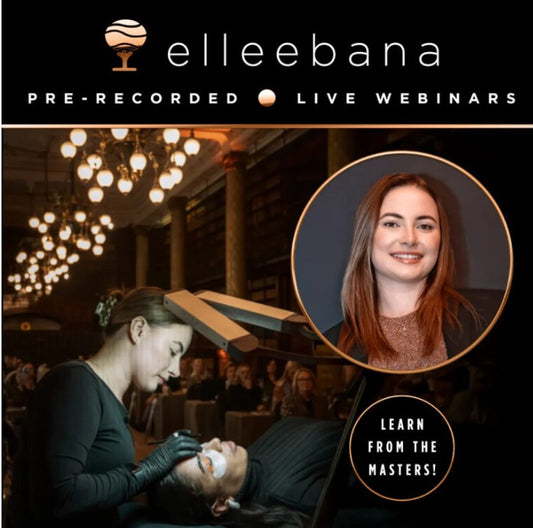 Ein Schönheitsprofi verwendet die Methode der kleberlosen Wimpern. Inset: lächelnde Frau. Text: Lash & Brow Academy Elleebana Online-Webinar. Blashy Shop