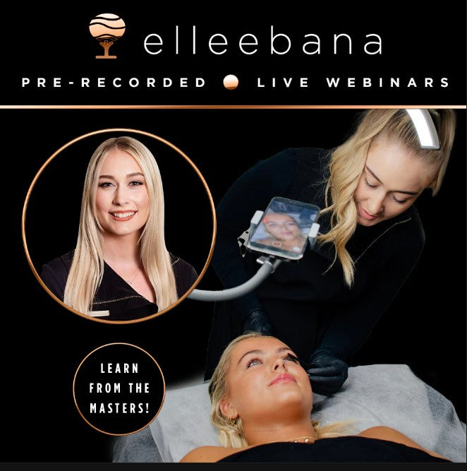 Ein Beauty-Profi führt ein Lash Lifting durch, während das ELLEEBANA ONLINE WEBINAR der Lash & Brow Academy mit Lauren Borowski gezeigt wird. Blashy Shop