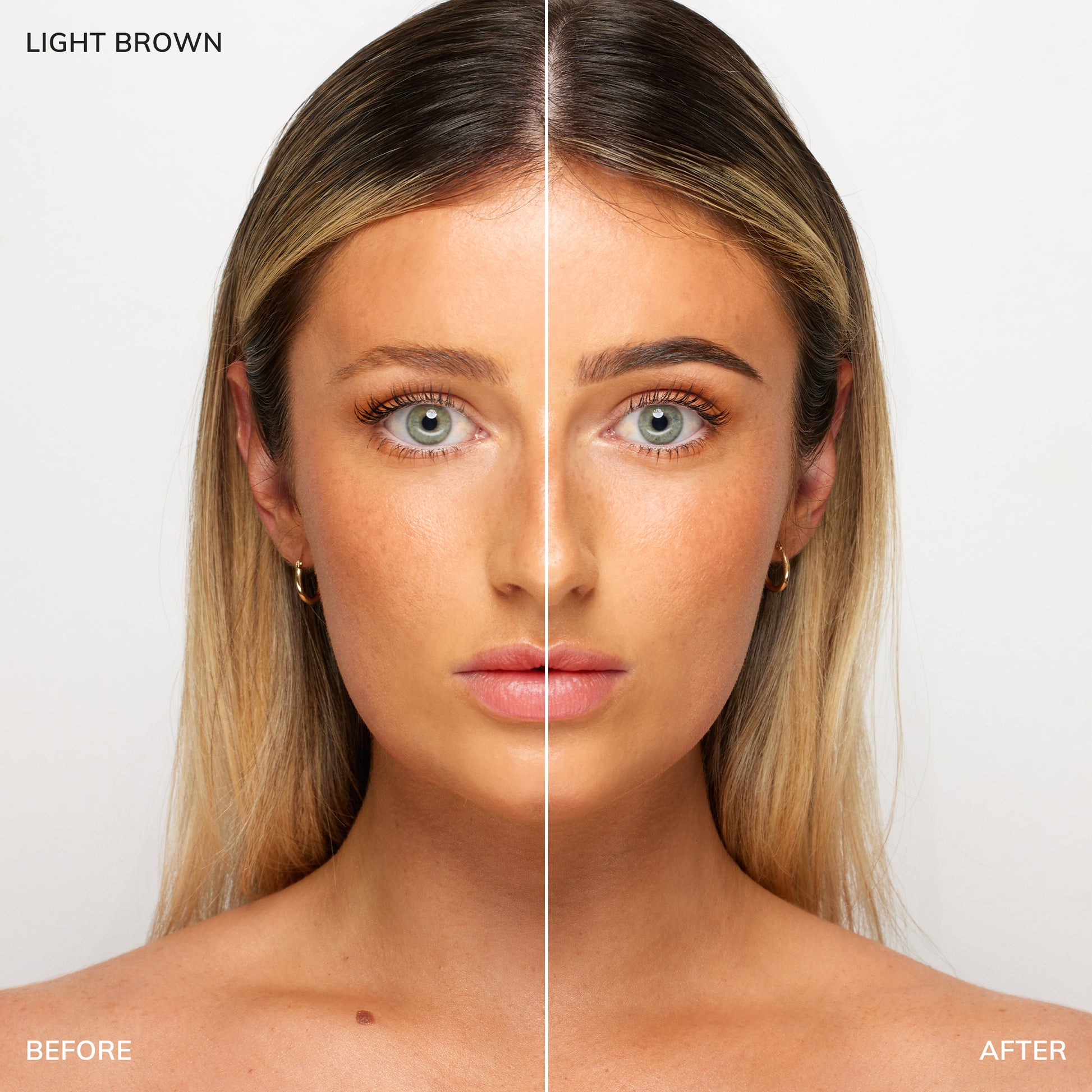 Das Gesicht einer Frau zeigt vorher und nachher mit Brow Code Gel Augenbrauenfarbe - natürlich & sensitiv, PPD frei. Blashy Shop