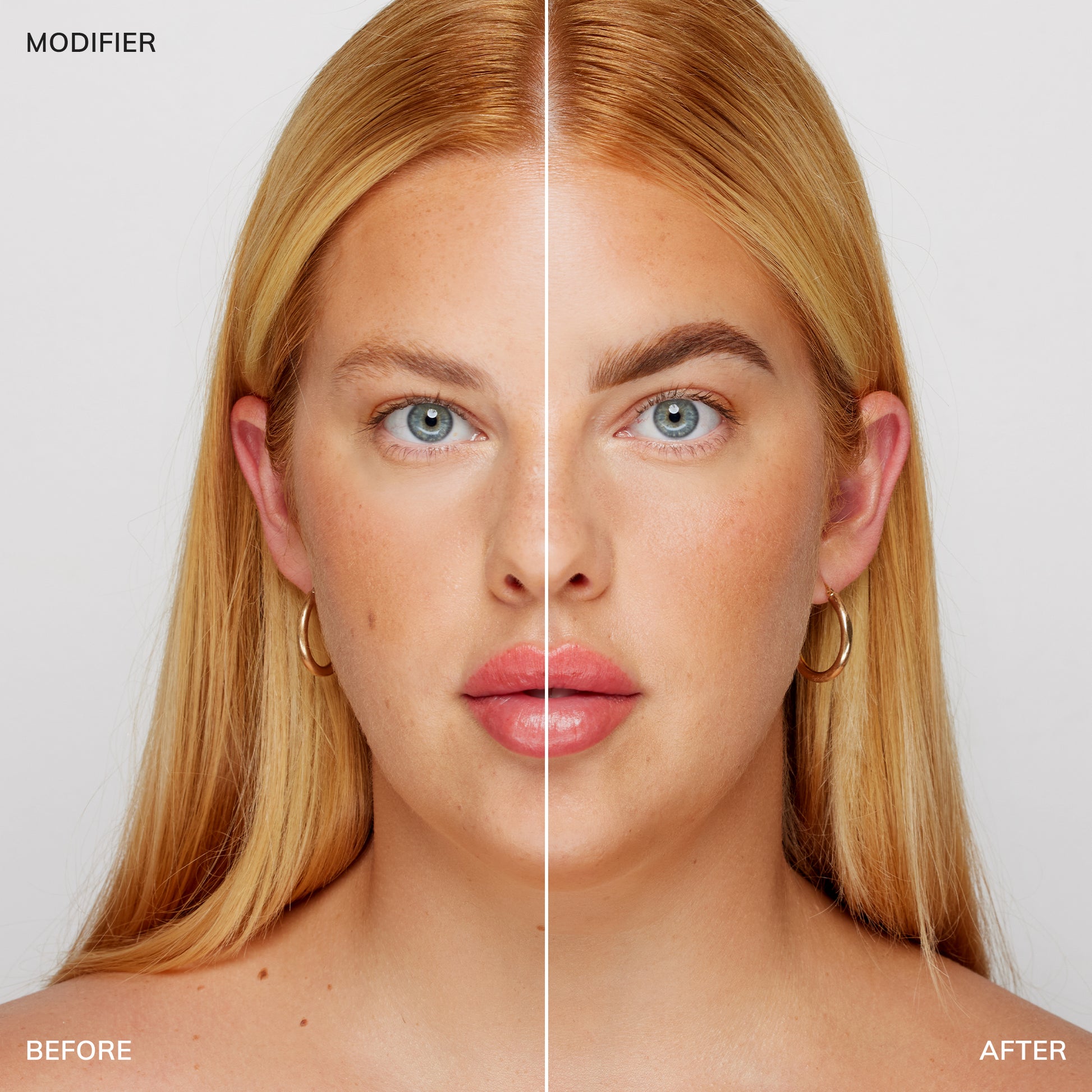 Gesplittetes Bild des Gesichts einer Frau vor und nach der Anwendung von Brow Code Gel Augenbrauenfarbe - natürlich & sensitiv, 15ml. Blashy Shop