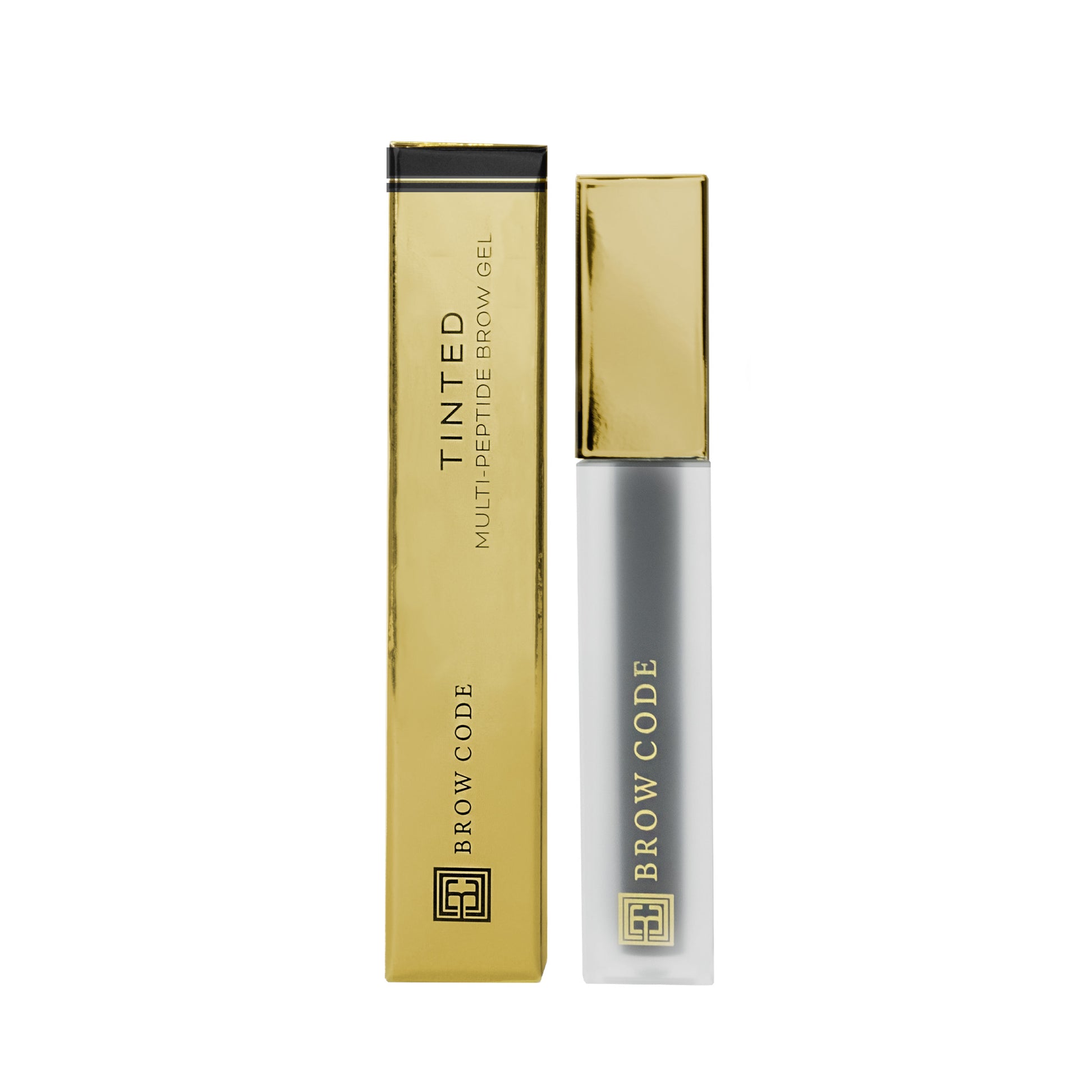 Der Brow Code Getöntes Multipeptid-Augenbrauengel und seine Box stehen aufrecht in Gold und Schwarz. Blashy Shop