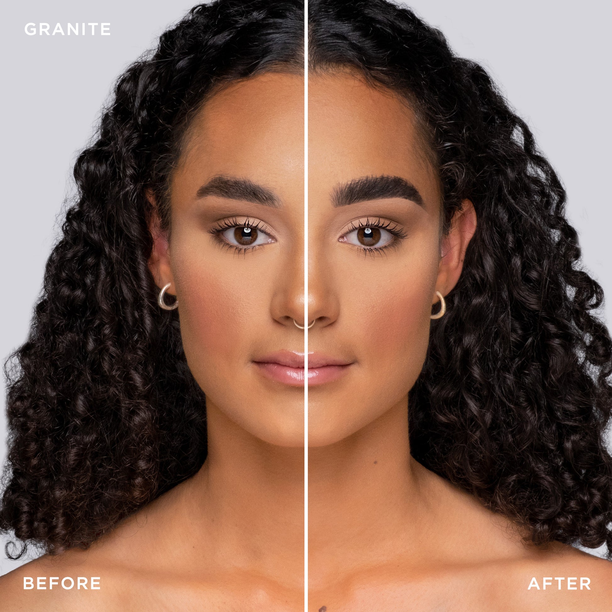 Split-Screen des Gesichts einer Frau mit vorher und nachher mit Brow Code Getöntes Multipeptid-Augenbrauengel in Granit. Blashy Shop