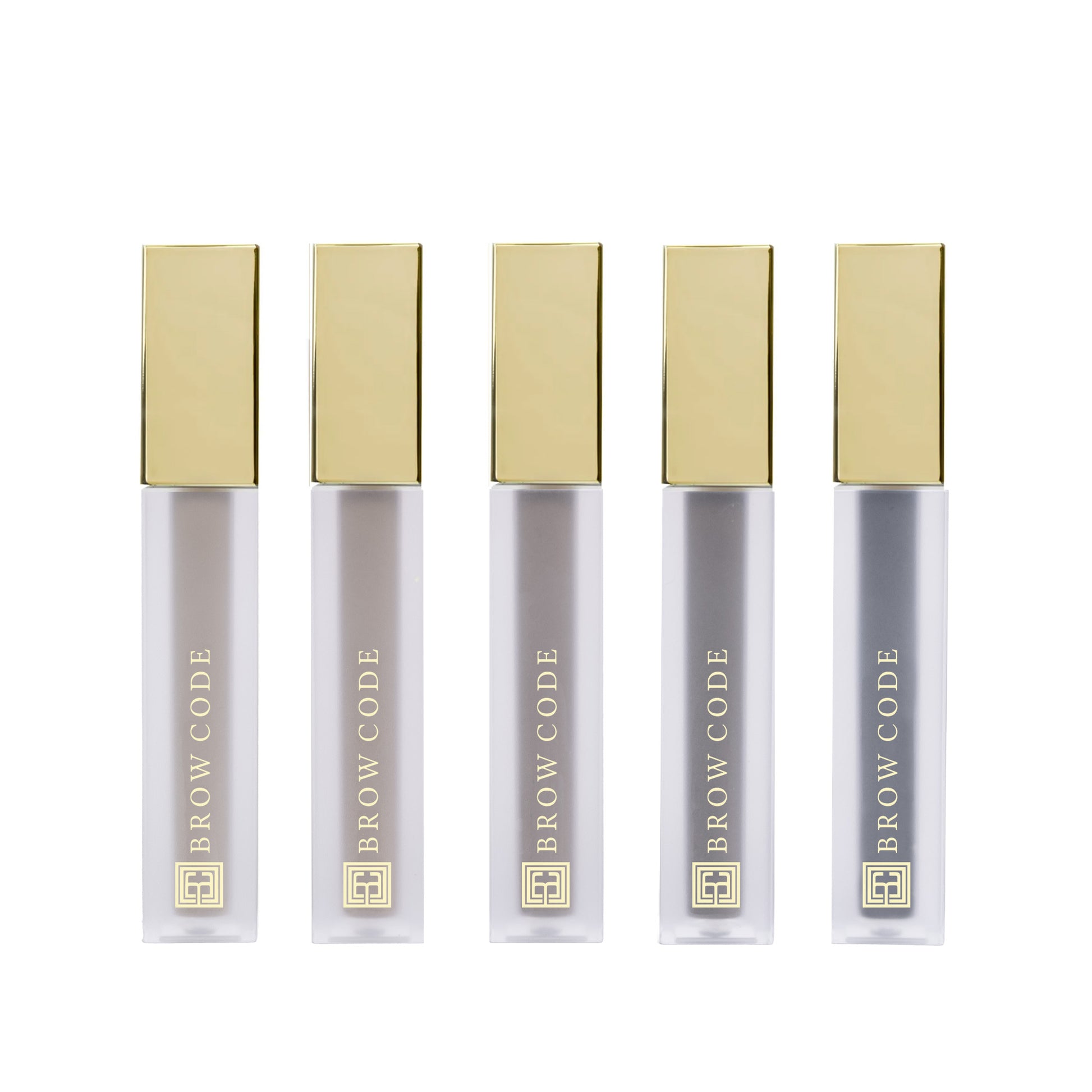Fünf Brow Code Getöntes Multipeptid-Augenbrauengel-Tuben mit Goldkappen präsentieren hochwertige Augenbrauenpflege. Blashy Shop