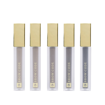 Fünf Brow Code Getöntes Multipeptid-Augenbrauengel-Tuben mit Goldkappen präsentieren hochwertige Augenbrauenpflege. Blashy Shop