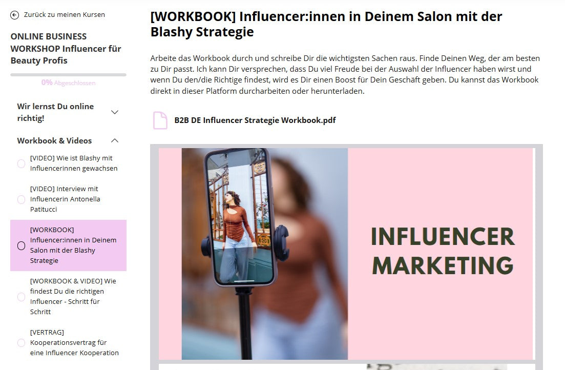 Screenshot des Workshops INFLUENCER FINDEN FÜR BEAUTY PROFIS der Lash&Brow Academy mit Arbeitsbuch und Filmaufnahmen von Frauen. Blashy Shop