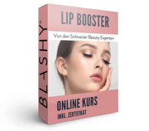 Box für LIP BOOSTER Online Kurs inkl.. Zertifikat von Lash&Brow Academy Online, mit Frauengesicht und deutschem Zertifizierungstext. Blashy Shop