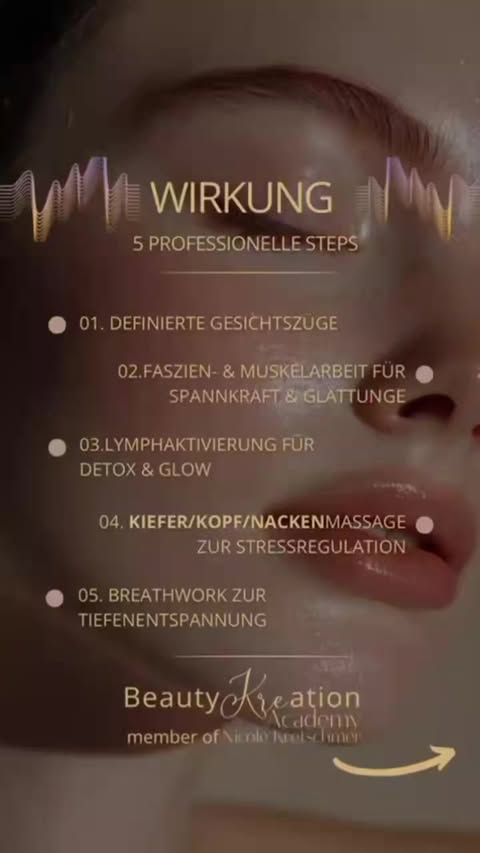 Nahaufnahme eines Gesichts mit deutschen Schritten aus der LONGEVITY FACE LIFT Reset Massage Schulung 2 Tage der Beauty Kreation Academy. Blashy Shop