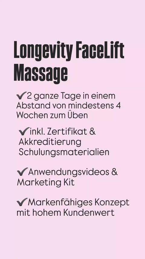 Textgrafik zu den Features der LONGEVITY FACE LIFT Reset Massage Schulung von Beauty Kreation Academy auf Rosa. Blashy Shop